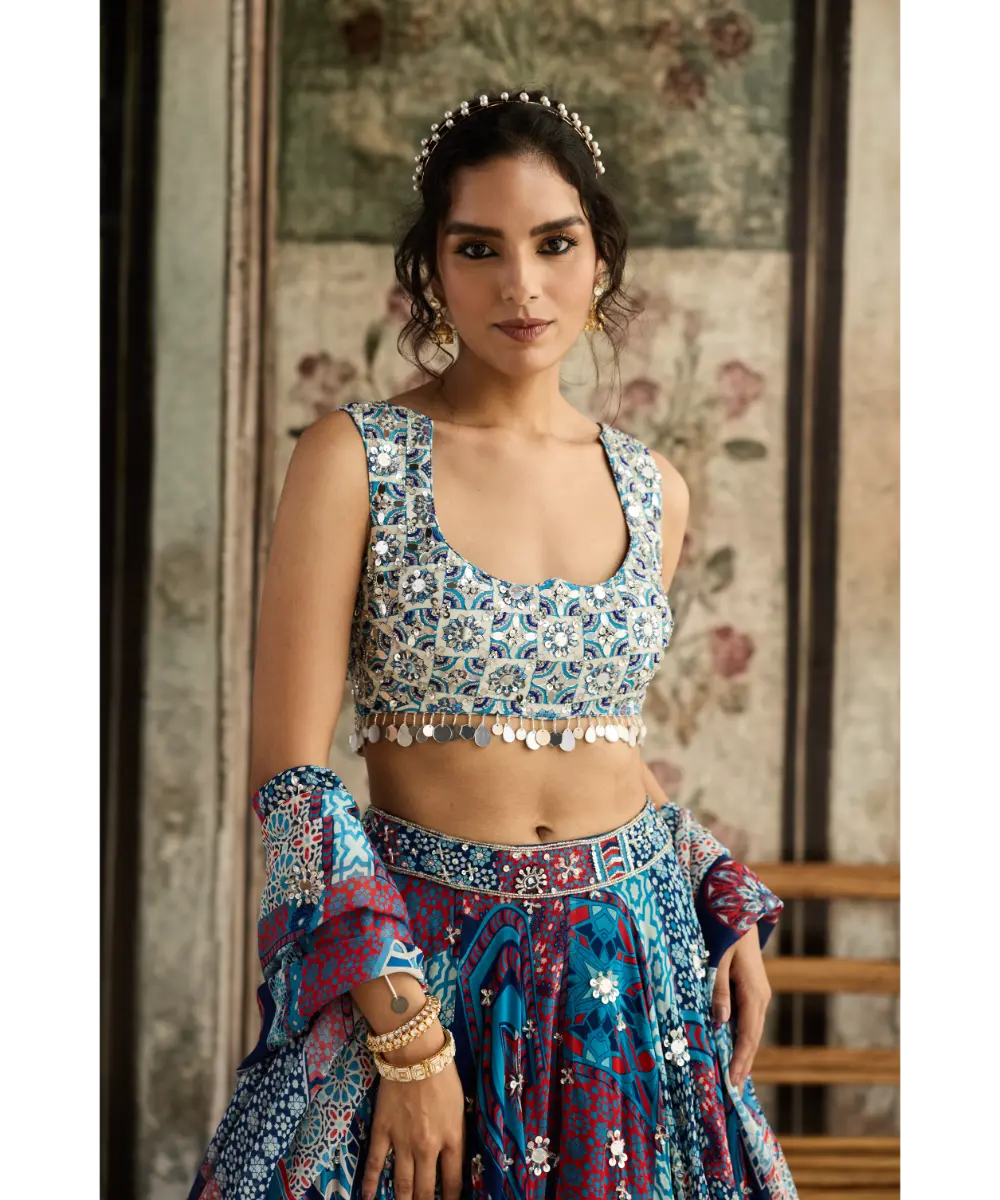 DIYARAJVVIR - Ivory Butta Print and Highlighted Blouse with Teal Print and Highlighted Lehenga Set